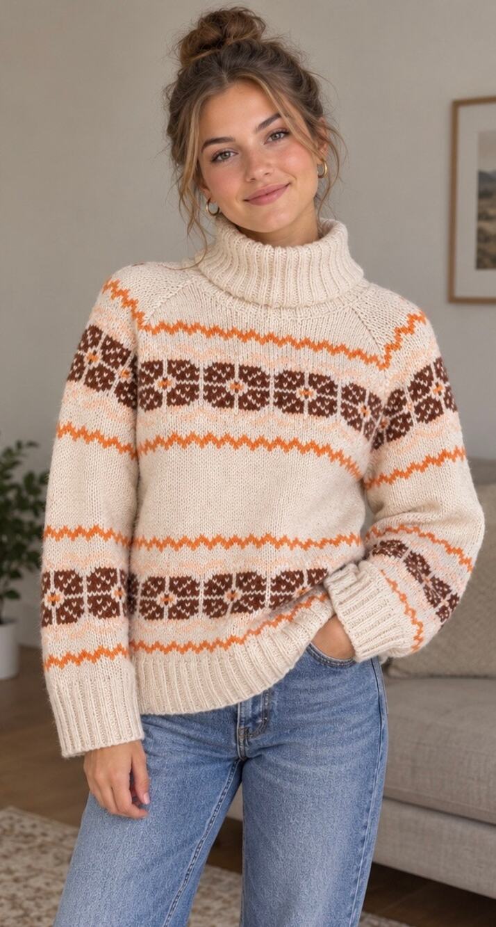 Madewell Fair Isle Mockneck Sweater XS Cream Orange Alpaca Wool Retro